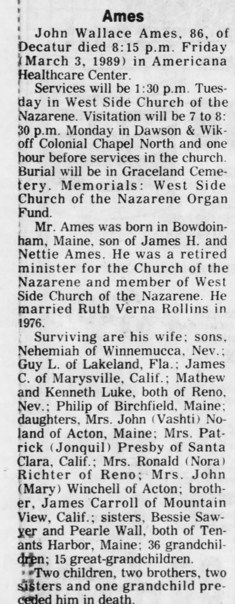 Obituary for John Wallace Ames (Aged 86)