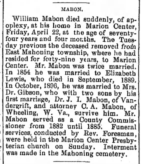 Mabon, William - 
Died 22 April 1904, Marion Center, Indiana, PA