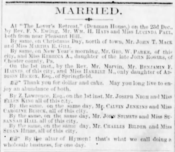 George W. Parke marries Rebecca A. Rogers  Jan. 1, 1857