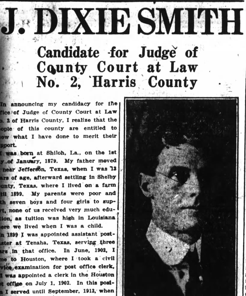 Politics J.Dixie Smith served as asst postmaster in Tenaha 1899