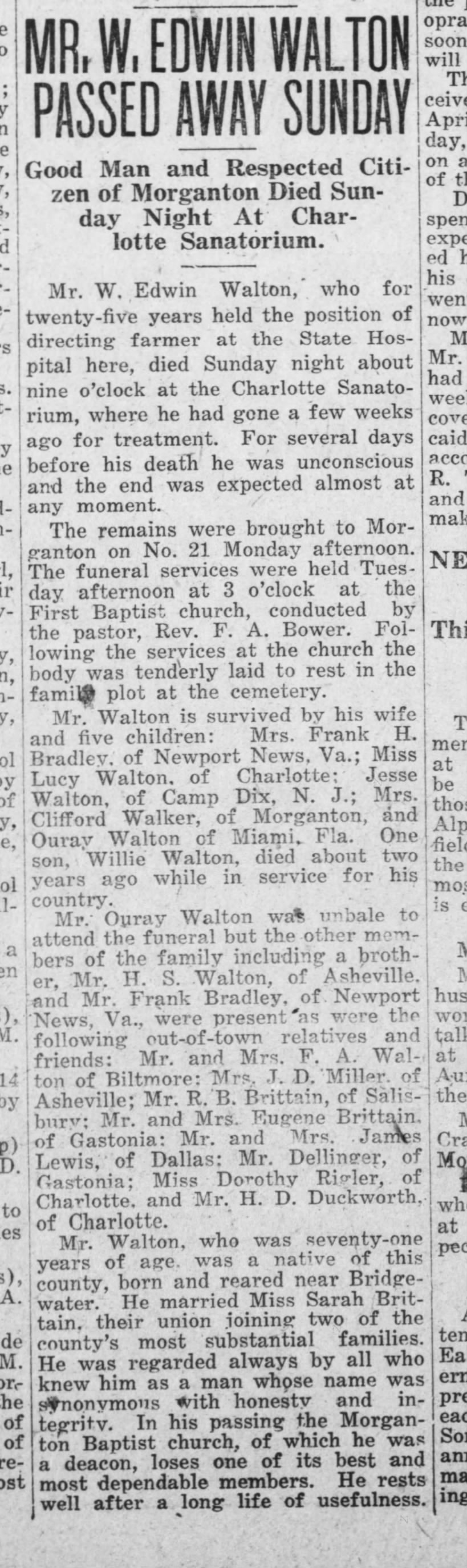 Obit for Mr. W. Edwin Walton of Morganton, attended by H D Duckworth of Charlotte, NC
