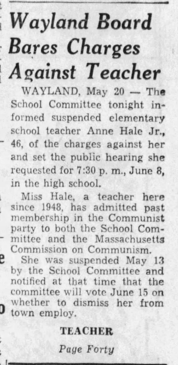 Wayland Board Bares Charges Against Teacher 21 May 1954 part 1