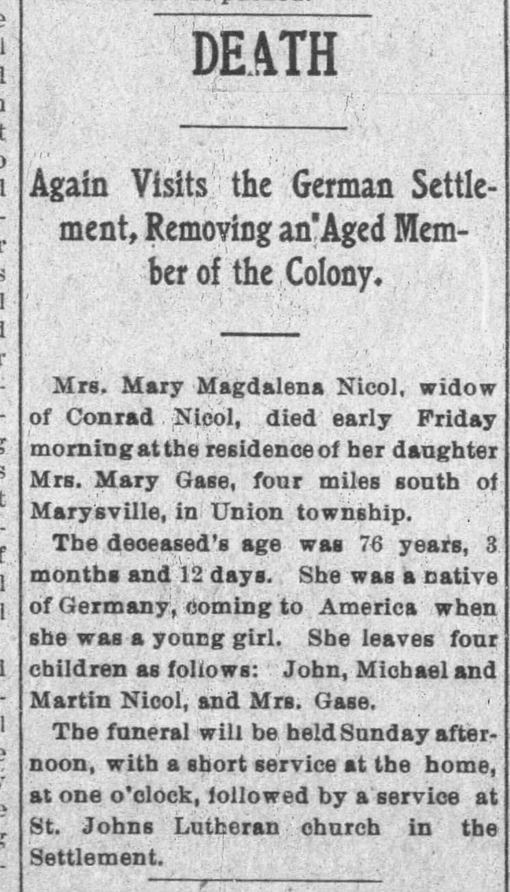 Mary Magdalena Kohlbacher Nicol obituary, 1910