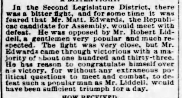 Robert Liddell defeated for Assembly 1871