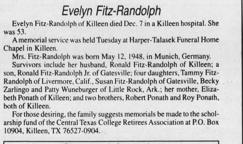 Obituary of Evelyn Fitz-Randolph