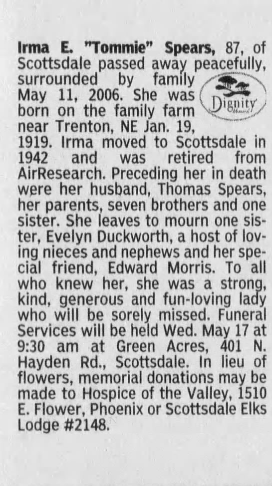 Obituary for Irma E. Tommie Spears