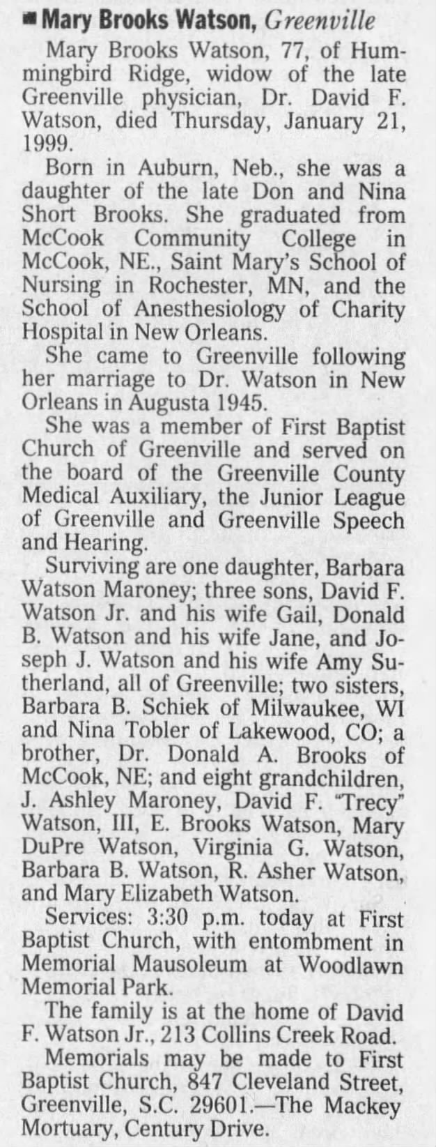 Obituary for Mary Brooks Watson