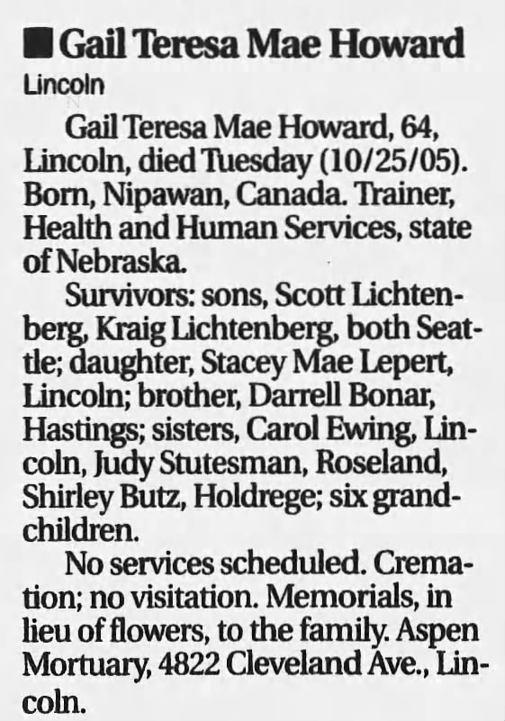 Obituary for D Gail Teresa Mae Howard