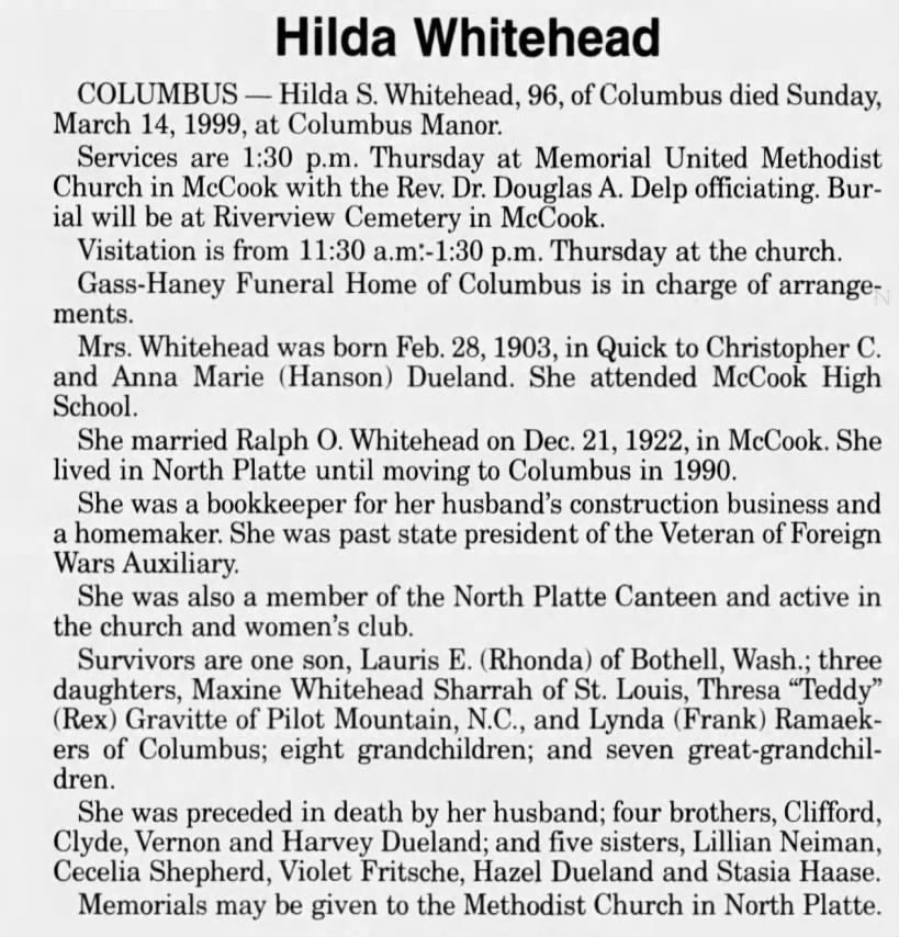 Obituary for Hilda S. Whitehead