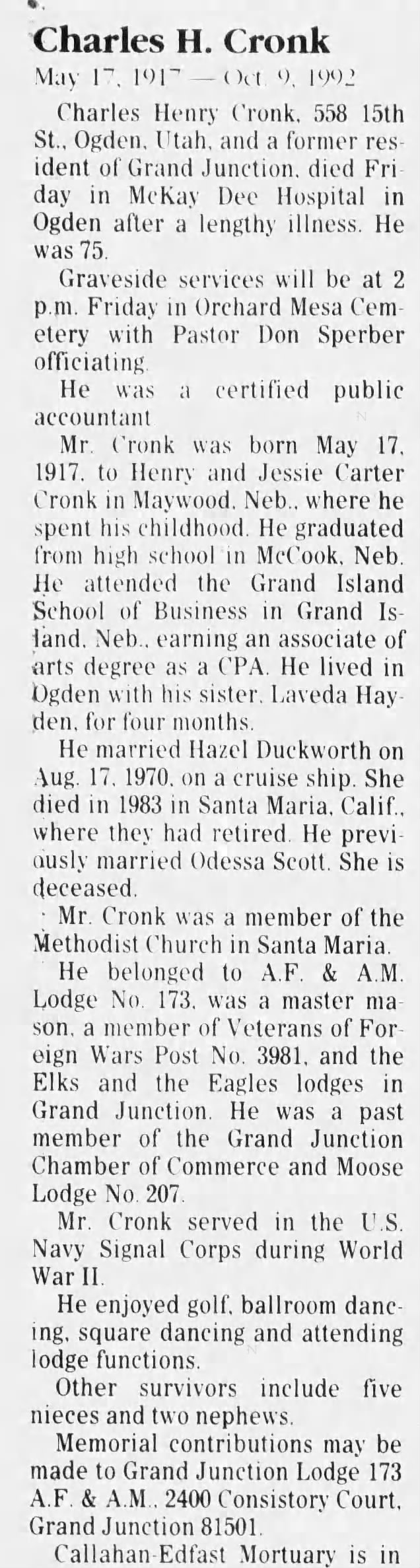 Obituary for Charles Henry Cronk