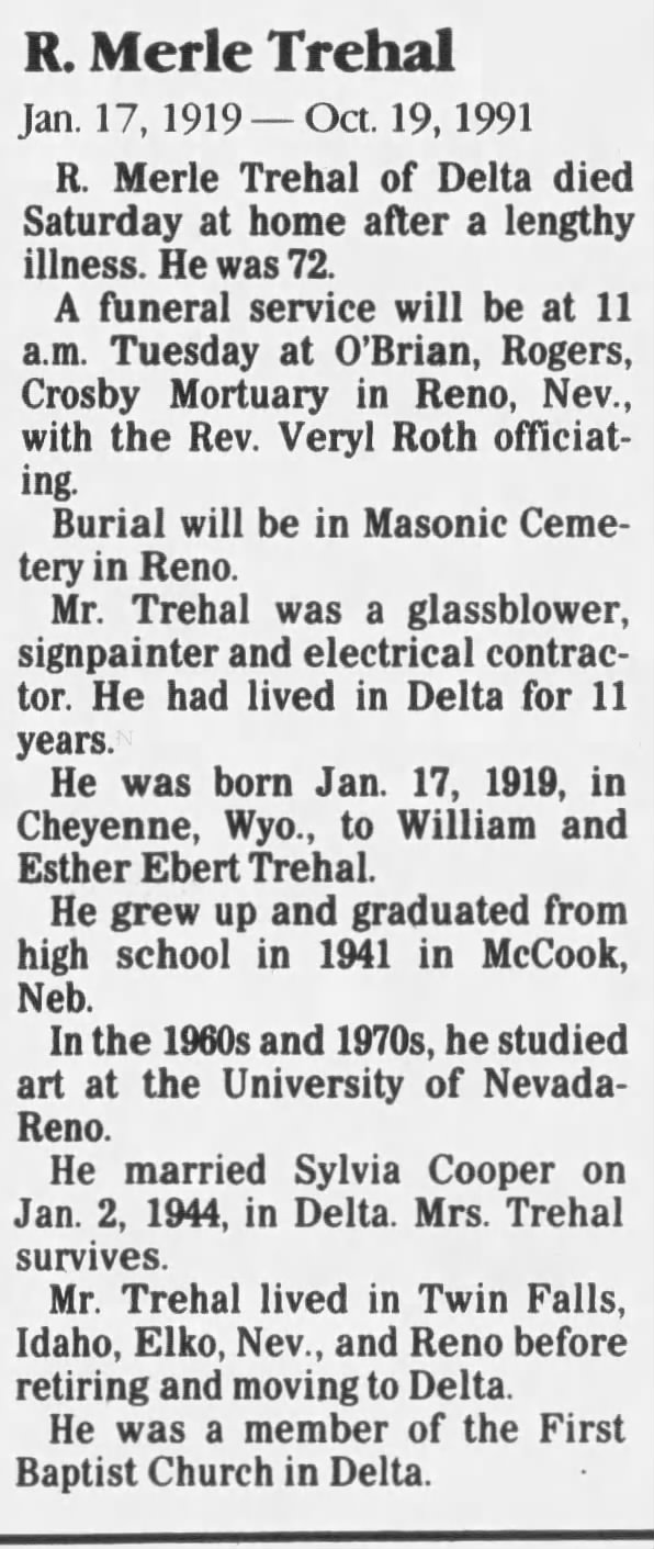 Obituary for R. Merle Trehal