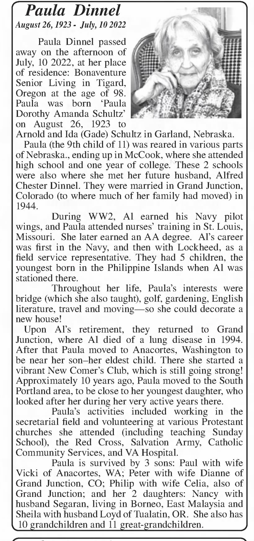 Obituary for Paula Dorothy Amanda Dinnel