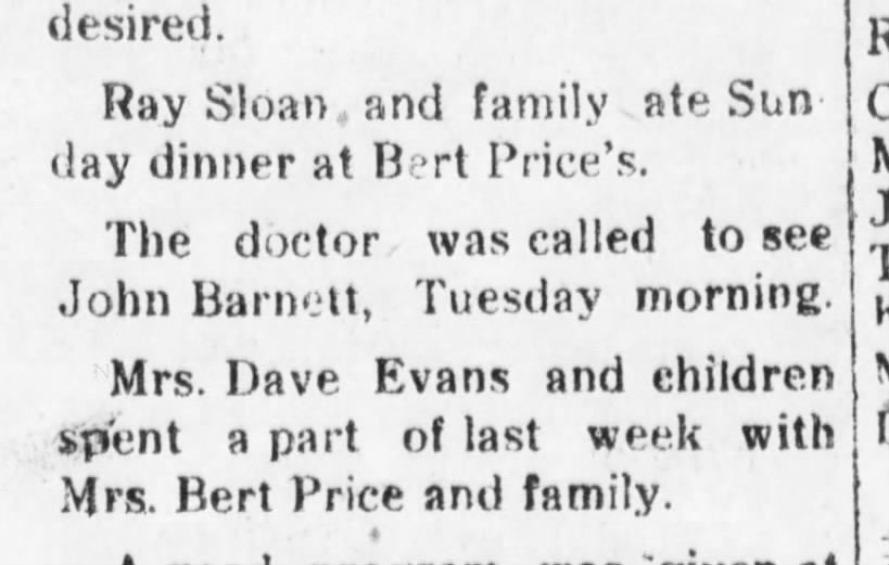 Sunday Dinner at Bert Price's; Mrs. Dave Evans and children with Mrs. Bert Price and family