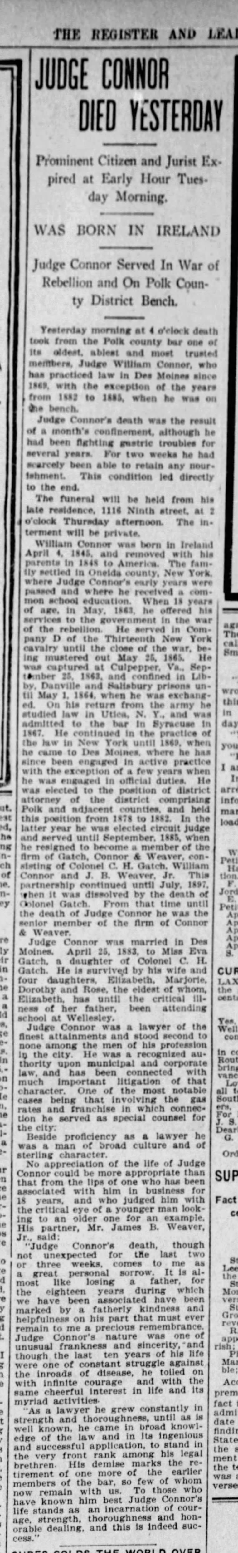Judge William Connor (Rose Connor's father) obituary from Feb 9, 1904