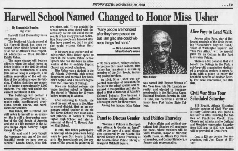 Harwell School Name Changed to Honor Miss Usher (page 5-D)