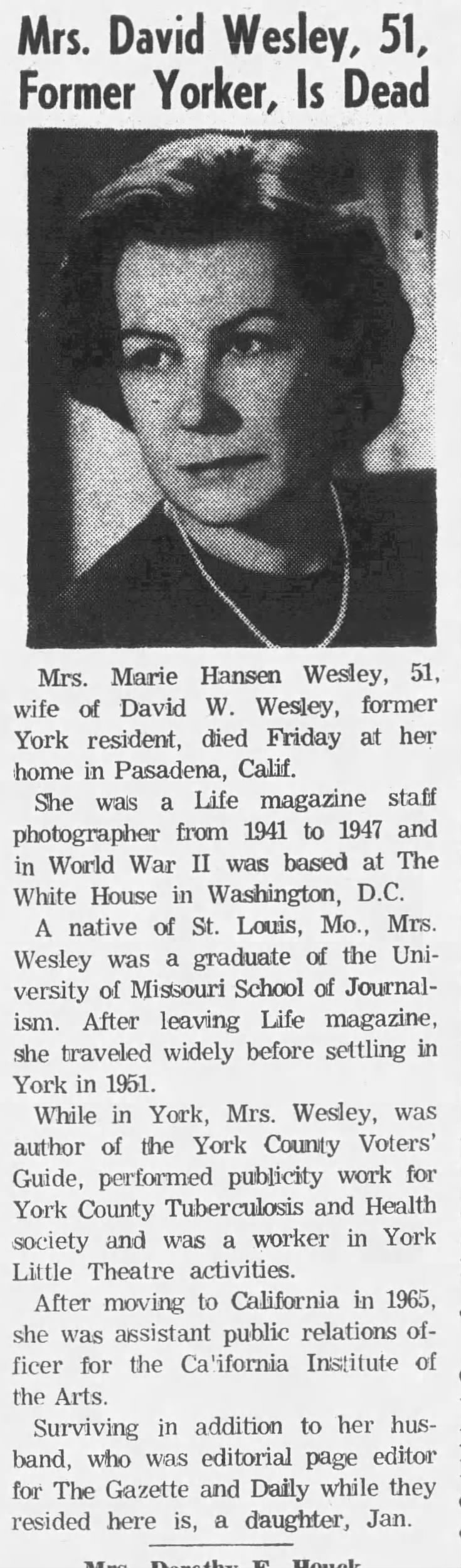 Mrs. David Wesley, 51, Former Yorker, Is Dead