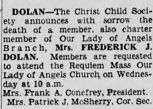 Mrs. Frederick J Dolan's death