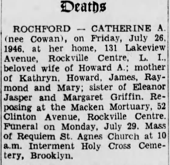 Catherine A. Rochford wife of Howard_Death notice fr. 1946