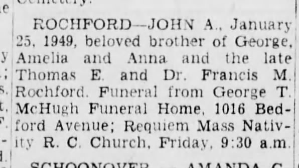 John A. Rochford death notice 1949