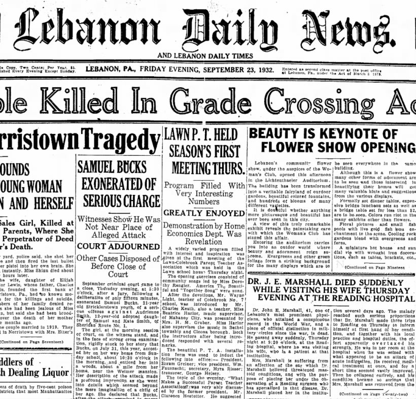 22 Sept 1932.  Dr. John Edward "Ed" Marshall Died Suddenly (1) [Lebanon Daily News]