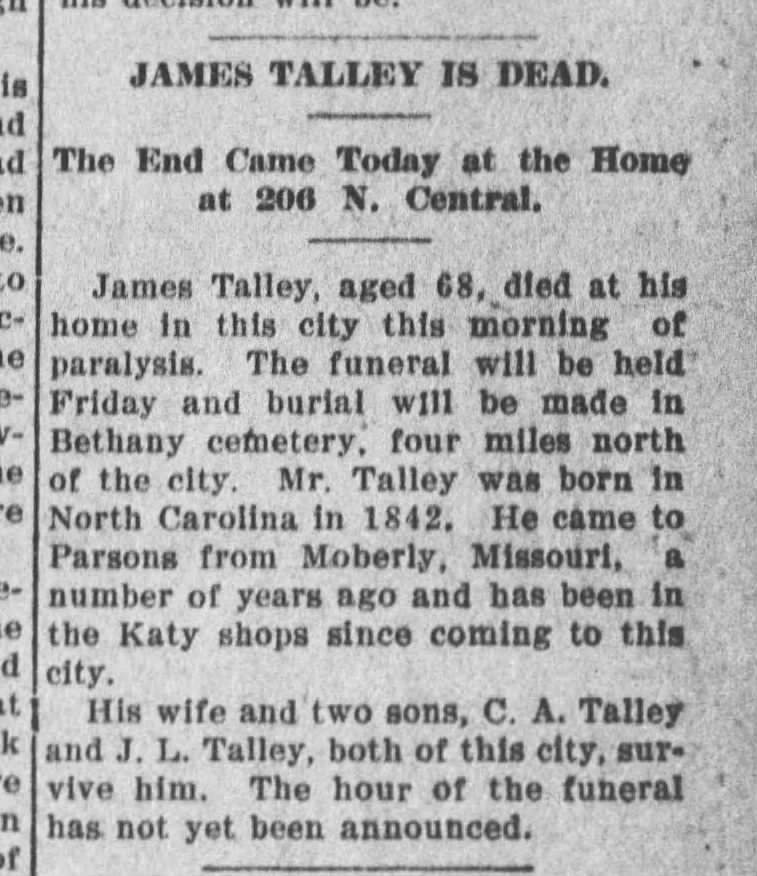 Parsons Daily Sun, Parsons, Kansas. 13 Apr 1910, pg 1.  death notice