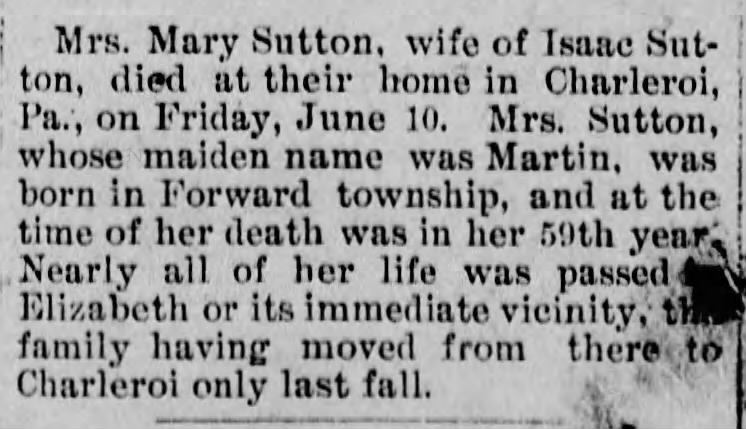 Mary Sutton - July 18, 1896
wife of Isaac Sutton