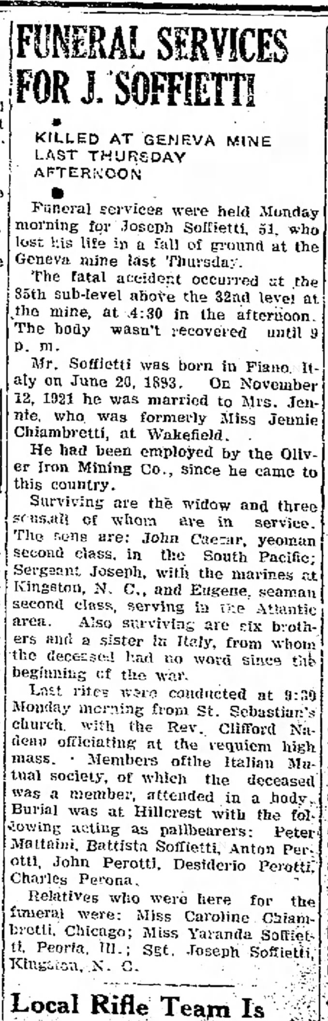 SOFFIETTI, Giuseppe  obit and short bio The Bessemer Herald, Fri, Feb 23, 1945 ·Page 1