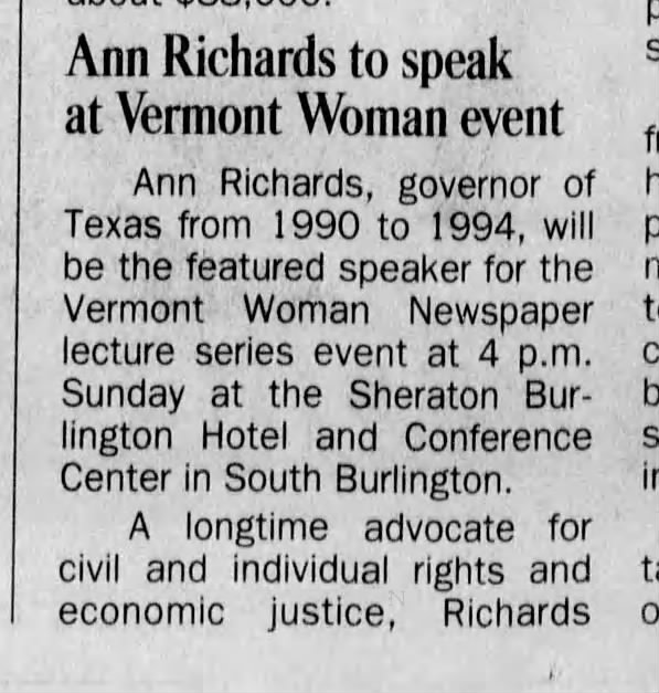 Ann Richards to speak at Vermont Woman event