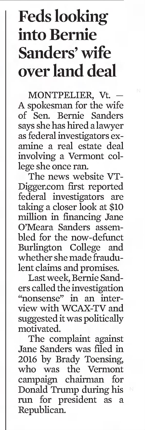 Feds looking into Bernie Sanders' wife over land deal