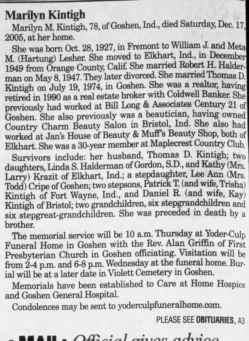 Obituary for Marilyn M. Kintigh, 1927-2005 (Aged 78)