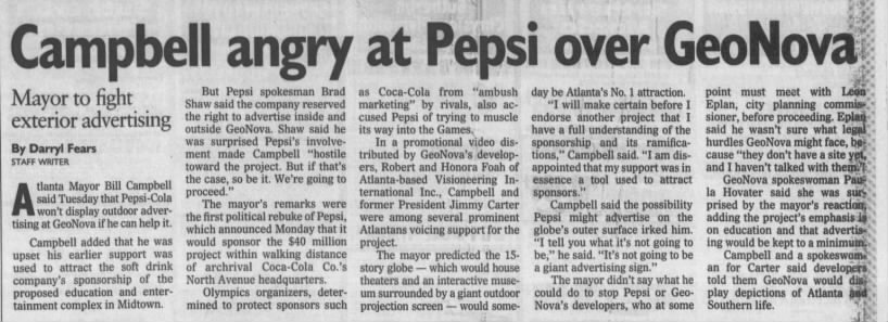 Atlanta mayor angry at Pepsi-Cola, GeoNova partnership during Olympics