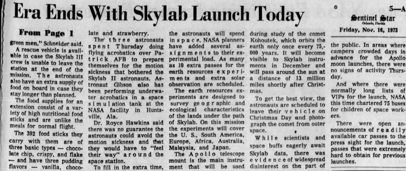 Skylab launch today, continued