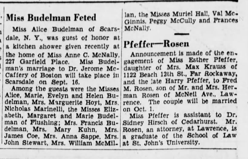 Alice Budelman's briday shower - in paper 3 Sept 1939, wedding 16 Sept