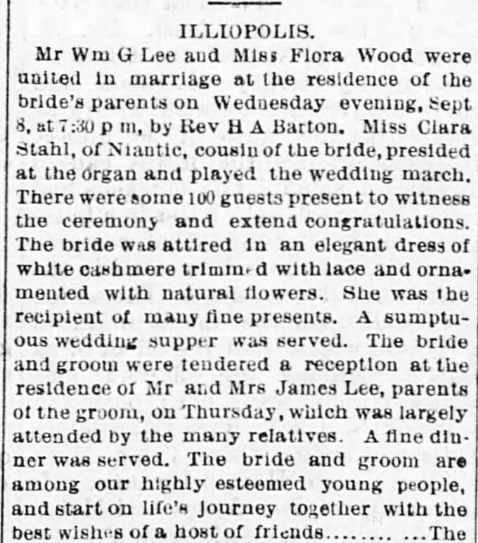 Wm G Lee and Flora Wood marriage and reception. Decatur Herald, 10 Sep 1886