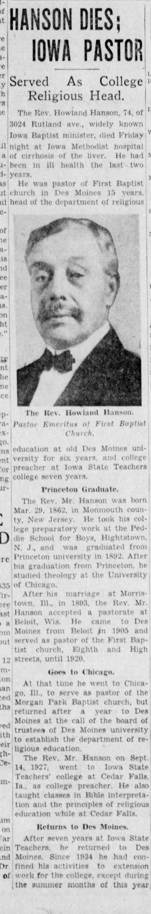 Dr Howland Hanson Dies age 74
