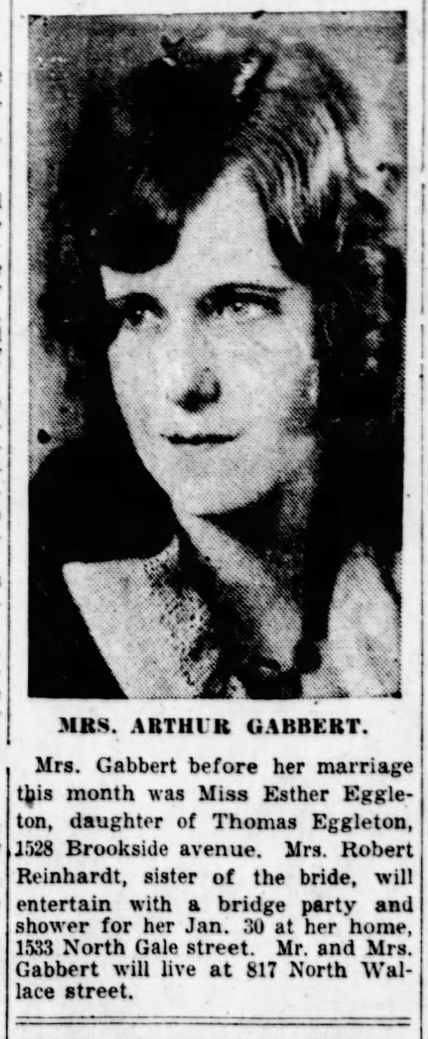 Wm Arthur Gabbert and Esther Eggleton marriage announcement.