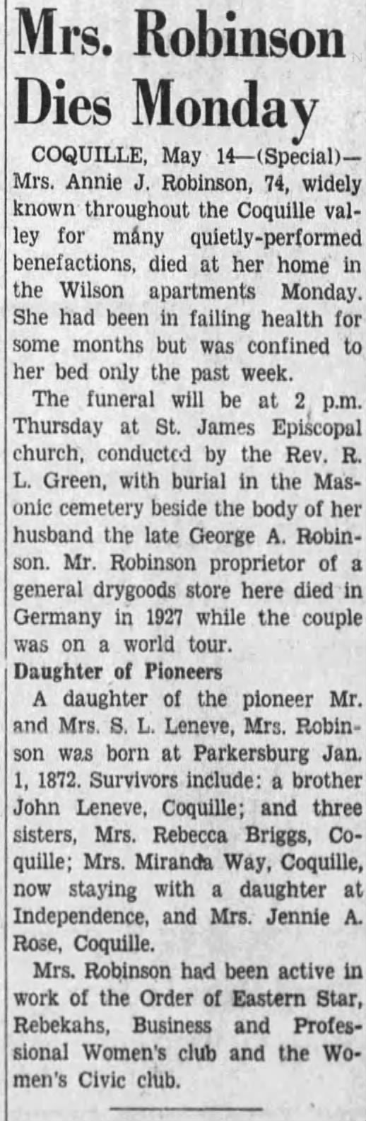 Obituary for Annie J. Robinson (Aged 74)