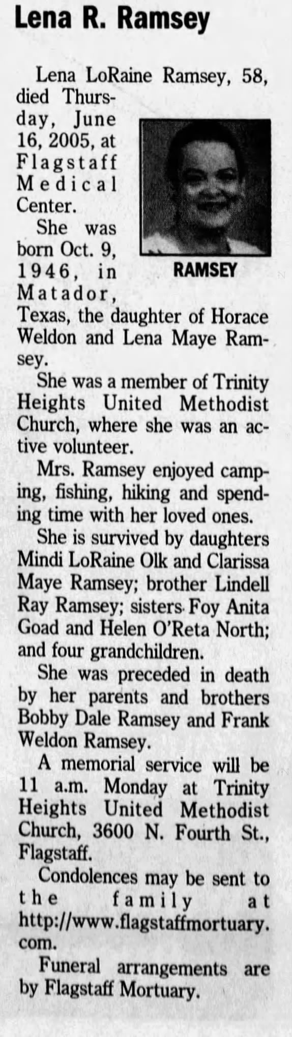 Obituary for Lena R. Ramsey, 1946-2005 (Aged 58)