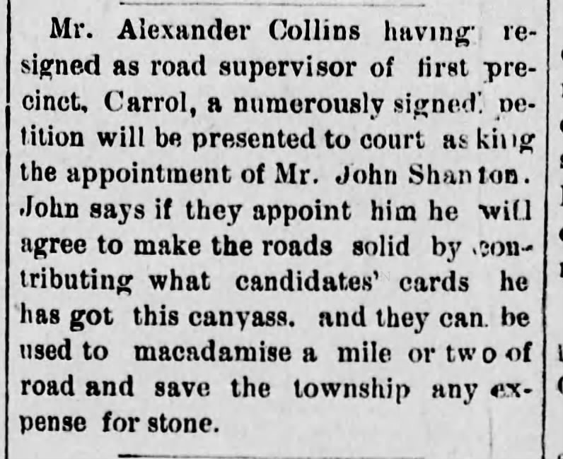 Alexander Collins, resigned road supervisor of Carroll, The Daily Republican, 2 June 1884