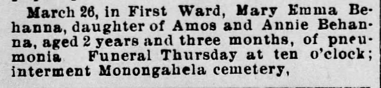 Death Notice Mary Emma Behanna daugh of Amos/Annie Behanna, 27 Mar 1901 The Daily Republican