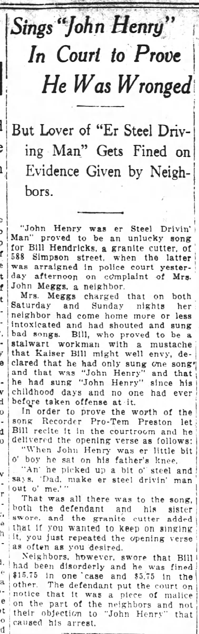 Sings "John Henry" In Court to Prove He Was Wronged, Atlanta Constitution (Sept. 2, 1913)