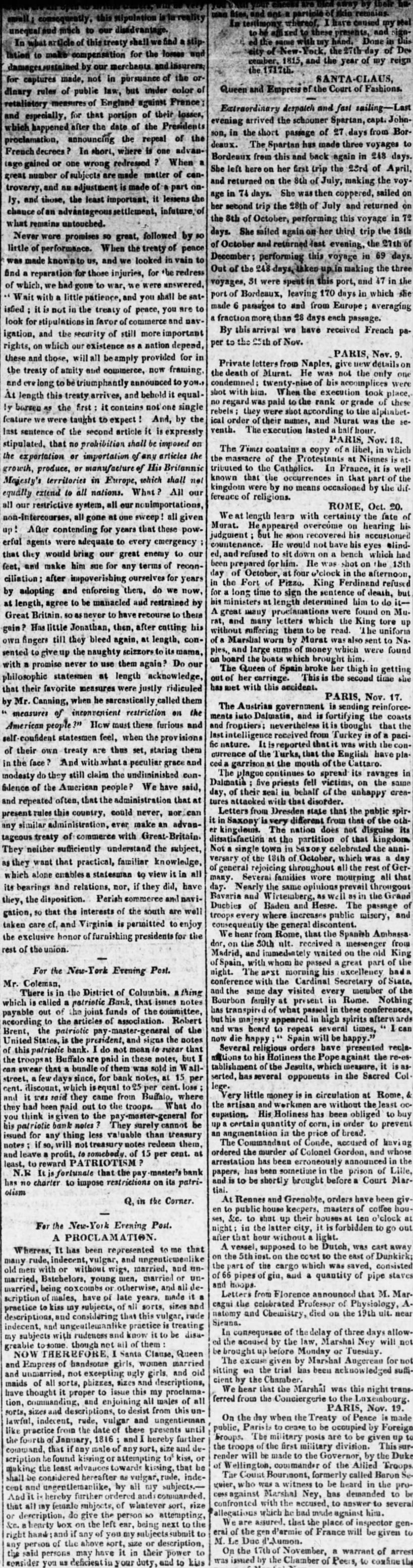 Santa Clause Proclamation, (New York) Evening Post (Dec. 28, 1815)