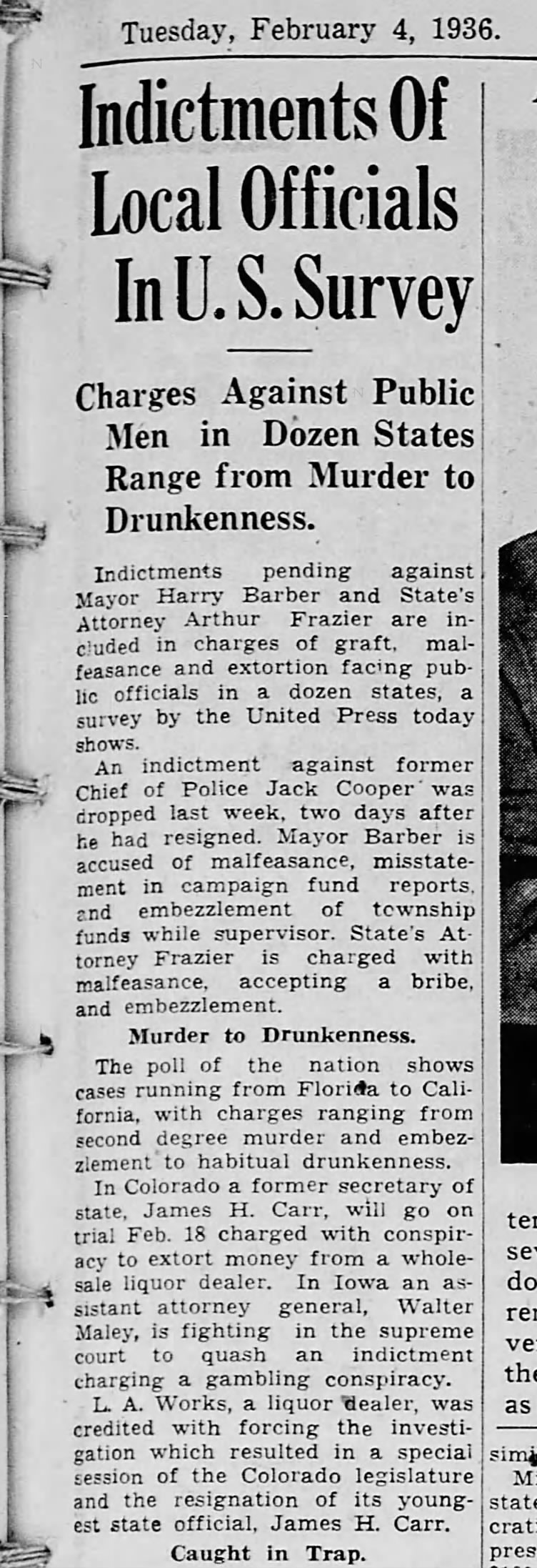 Barber Embezzlement Charges Feb 1936