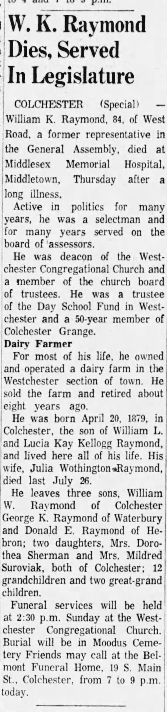 Obituary, W K Raymond, 1963