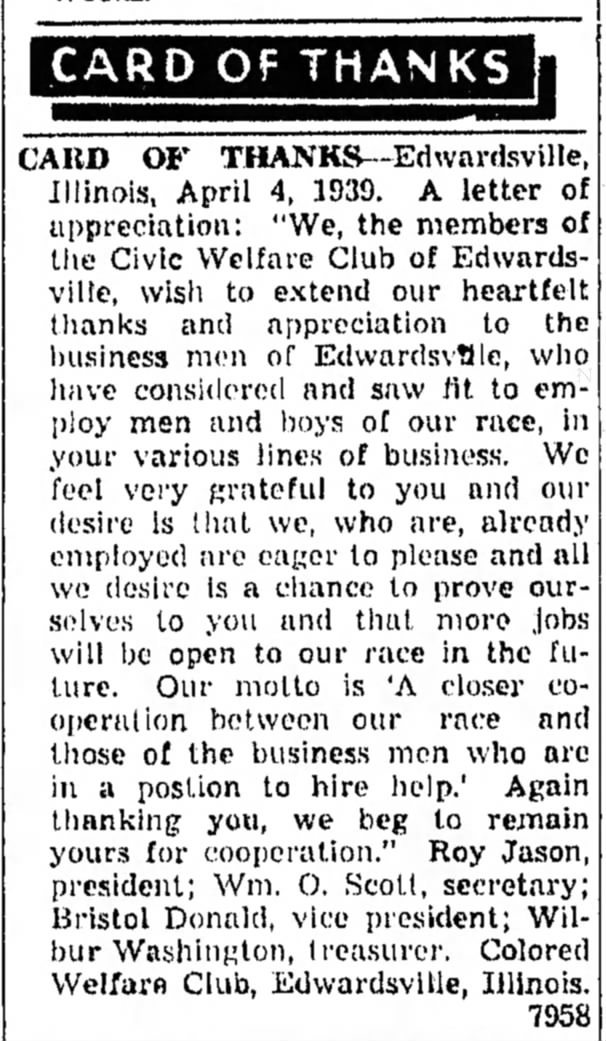 1939    Colored Welfare Club of 
Edwardsville, Illinois
