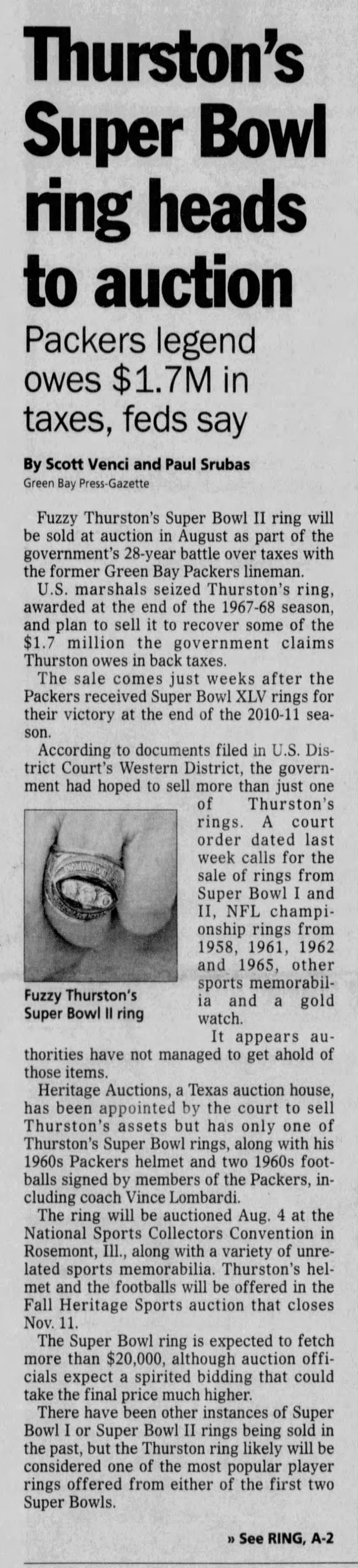 Thurston's Super Bowl ring heads to auction