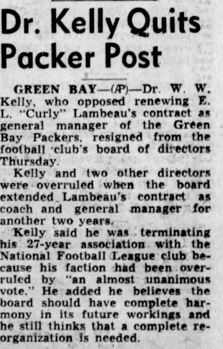 Dr. Kelly Quits Packer Post