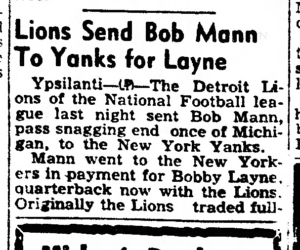 Lions Send Bob Mann to Yanks for Layne