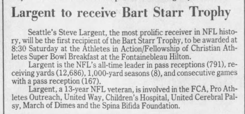 Largent to receive Bart Starr Trophy