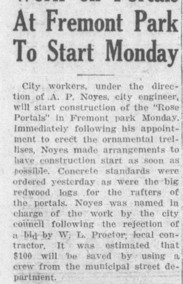 Fremont Park - Rose Portals to be made with Redwood logs - Nov 1930